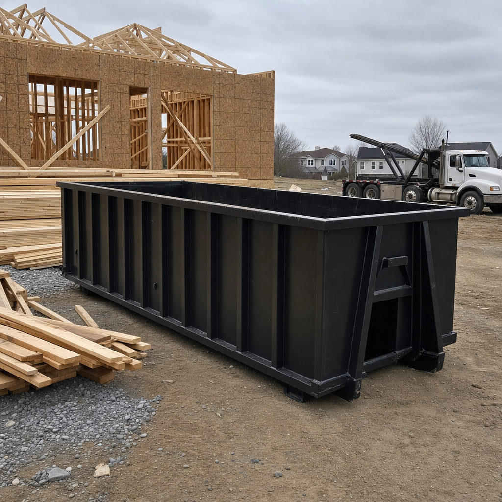 Matte-black 40-yard roll-off dumpster staged on a framed-out residential construction site in Kenosha, framing lumber stacked nearby, hooklift delivery truck visible in the background under bright Colorado daylight