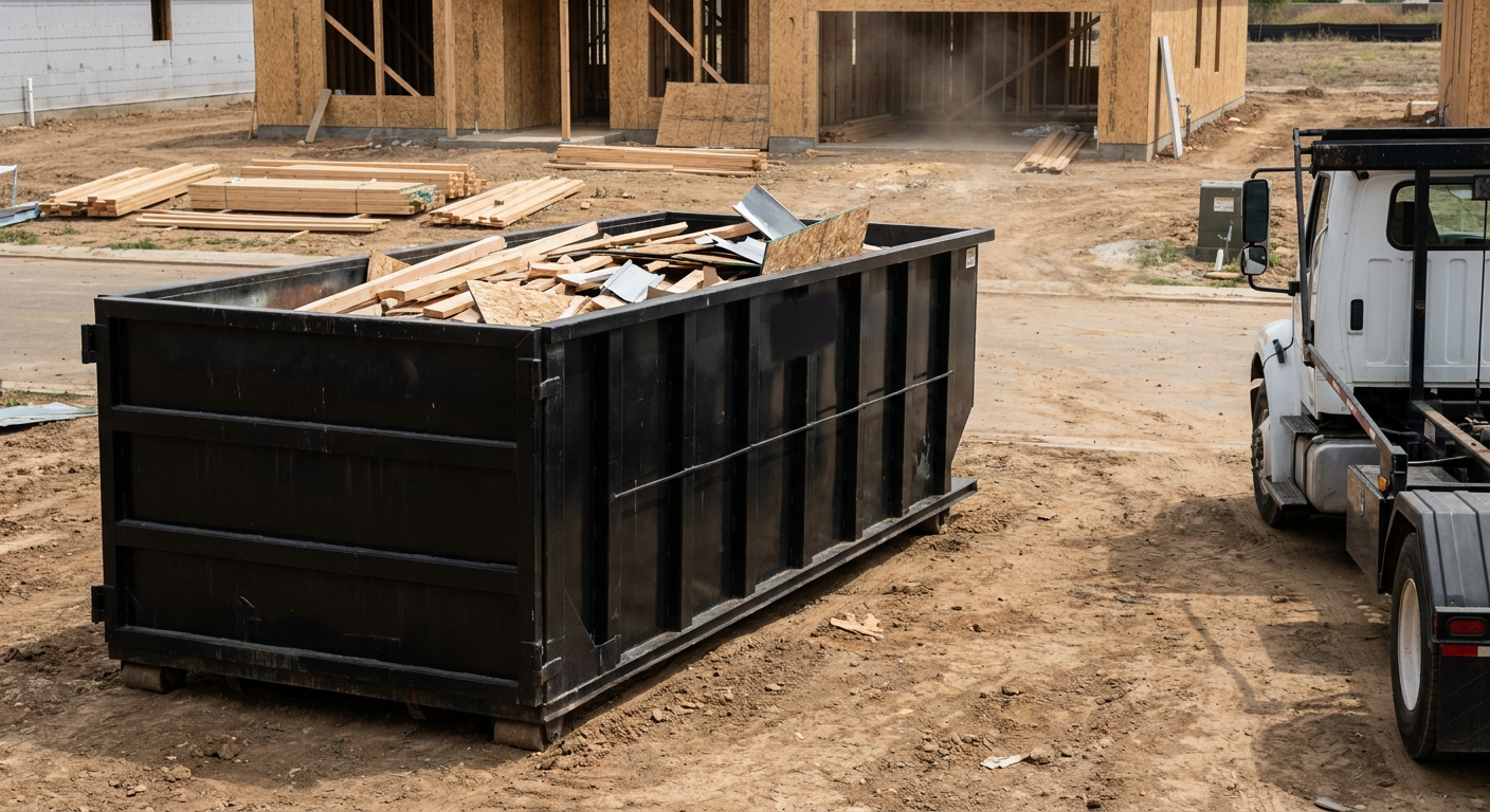 Matte-black 20-yard roll-off construction dumpster with heavy ribbed steel sidewalls and swing rear doors at a working jobsite in Kenosha, sitting directly on compacted dirt with an unmarked white hauler partially visible at the far edge of the frame.