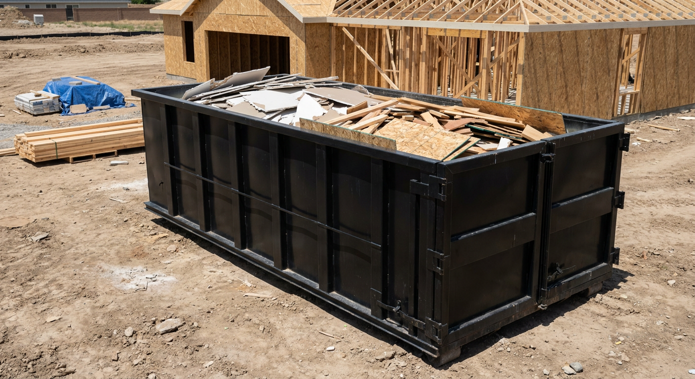 Matte-black 30-yard roll-off construction dumpster sitting directly on the compacted-dirt site of a framed single-family home build in Kenosha, drywall and lumber scrap loaded inside.