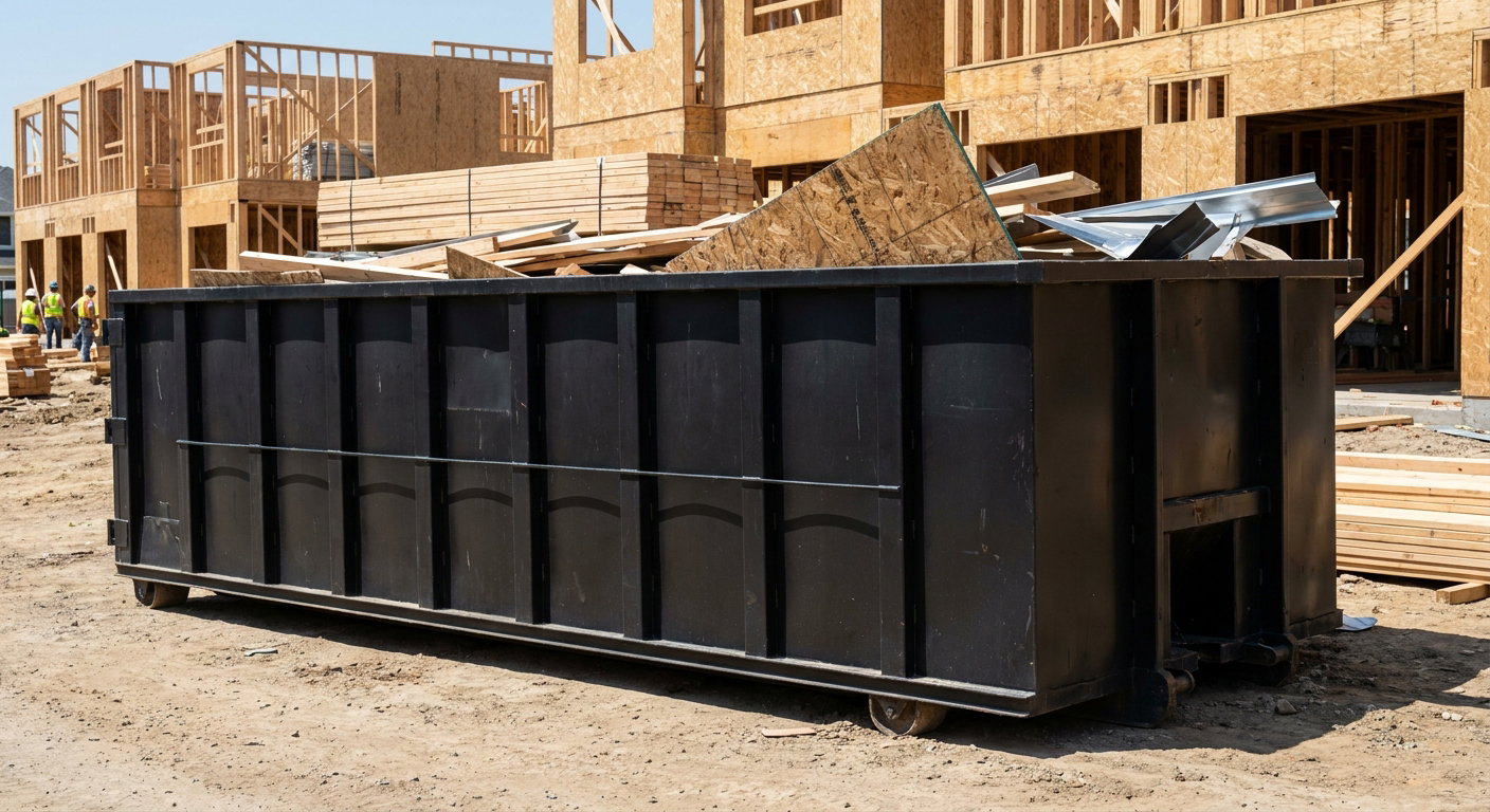 Matte-black 40-yard roll-off construction dumpster being lowered from a white-cab hooklift delivery truck onto the compacted-dirt jobsite at a commercial build site in Kenosha