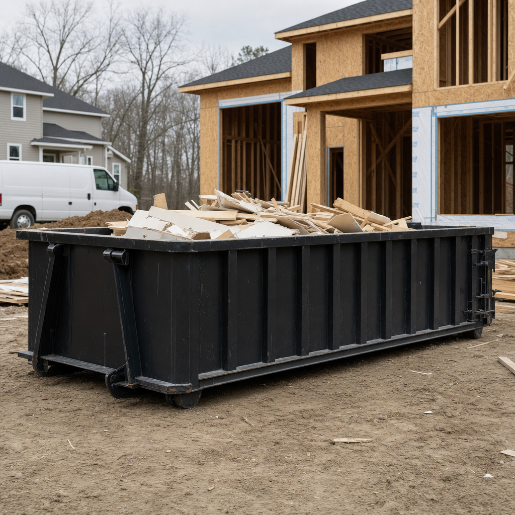 Worker in a yellow high-visibility vest tossing framing lumber and broken drywall into a matte-black 30-yard construction roll-off dumpster on an active build site in Kenosha, bright daylight