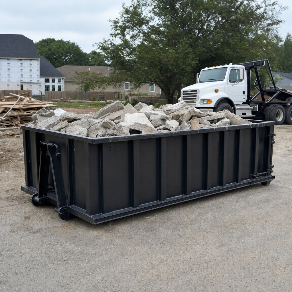 Low-profile matte-black lowboy roll-off dumpster loaded with broken concrete slab and rebar at a foundation tear-out in Kenosha, skid steer parked beside it, sunny Colorado morning