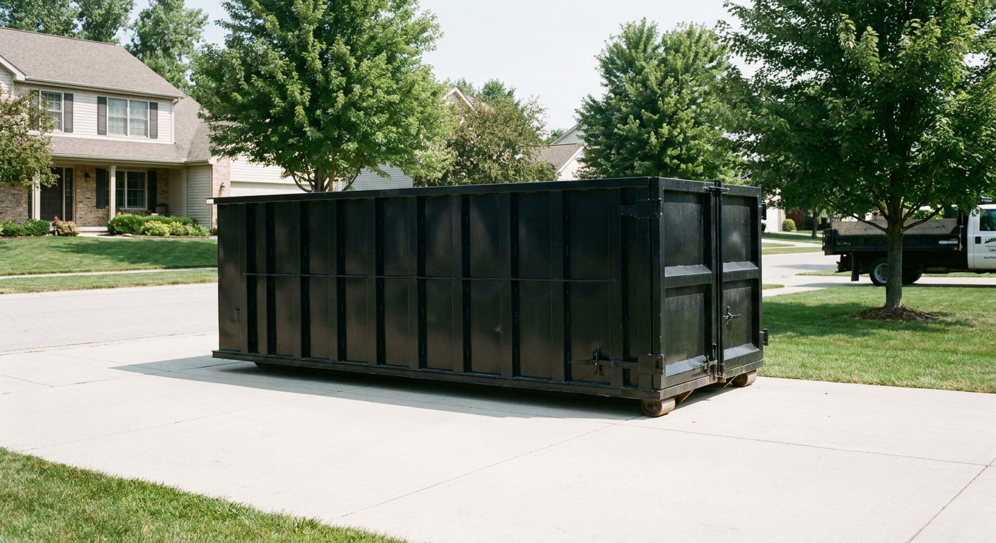 Matte-black 20-yard roll-off dumpster sitting level on a clean Kenosha residential concrete driveway under bright daylight, demonstrating clean placement directly on the concrete.