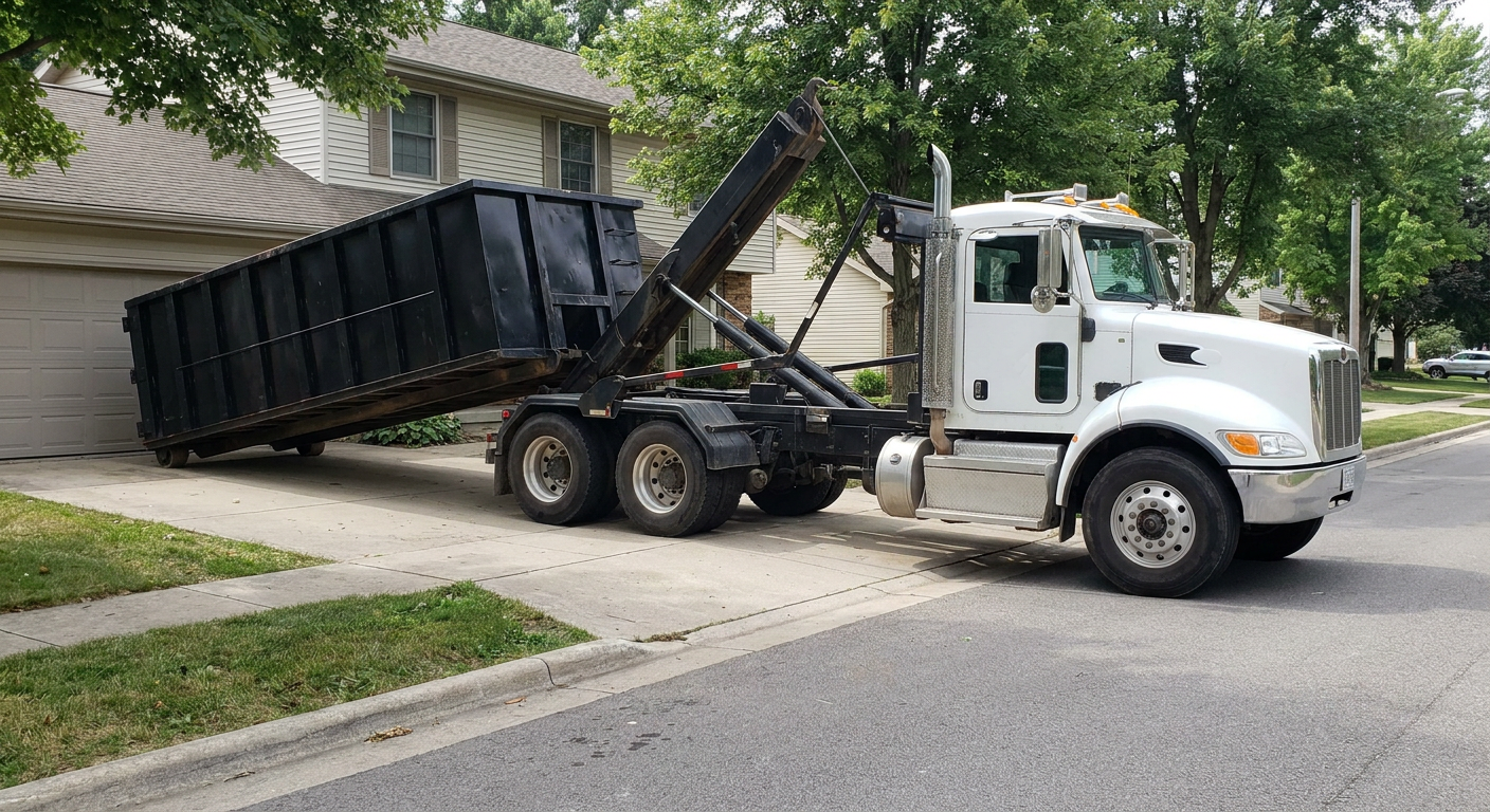 White-cab hooklift roll-off truck actively lowering a matte-black dumpster onto a Kenosha residential concrete driveway, the dumpster's rear wheels touching the driveway as the hoist arm tilts the bed forward, mid-morning daylight.