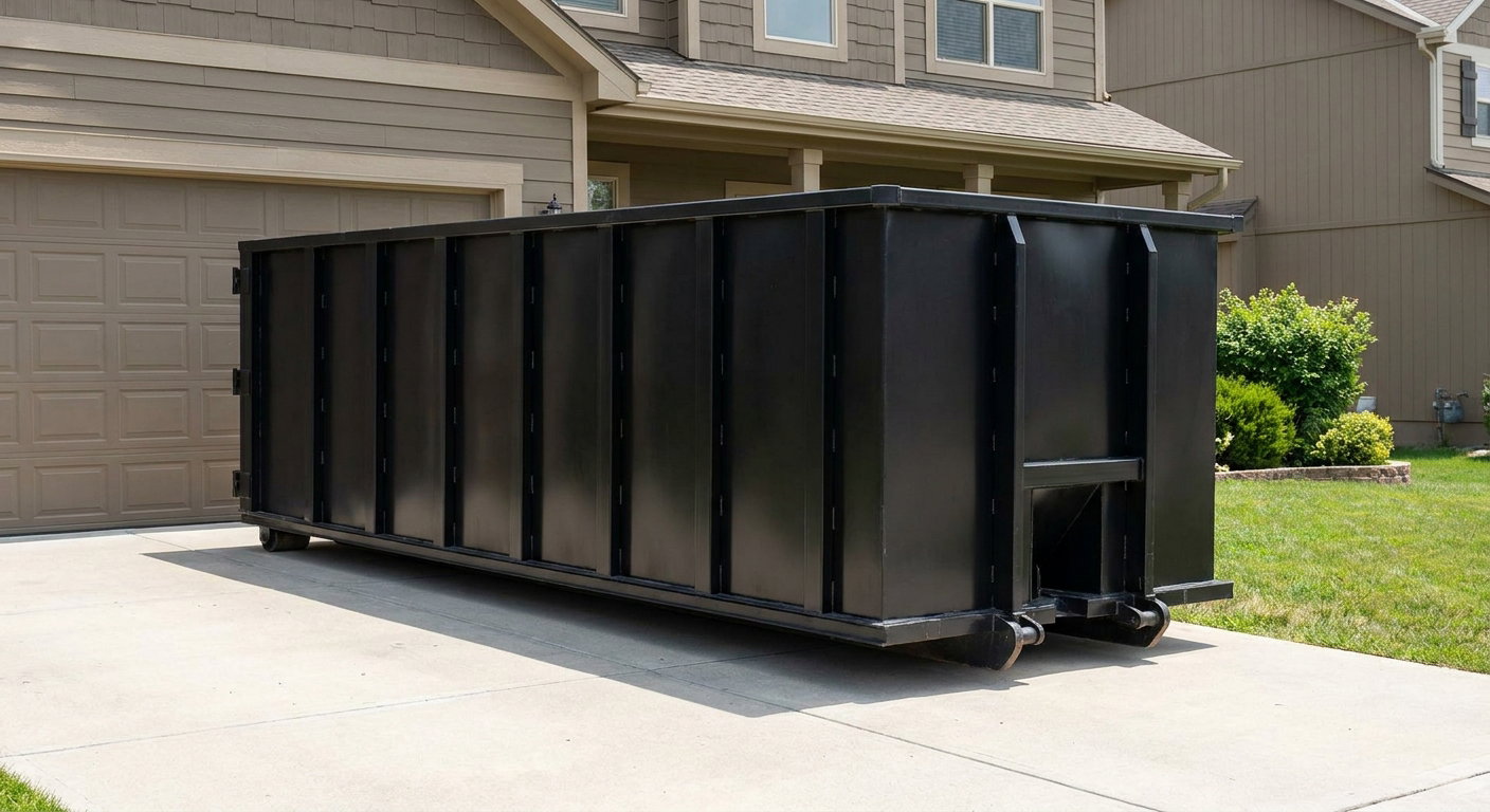 Matte-black residential roll-off dumpster sitting directly on a suburban Kenosha concrete driveway, garage door closed, single-family home in background, bright morning daylight.
