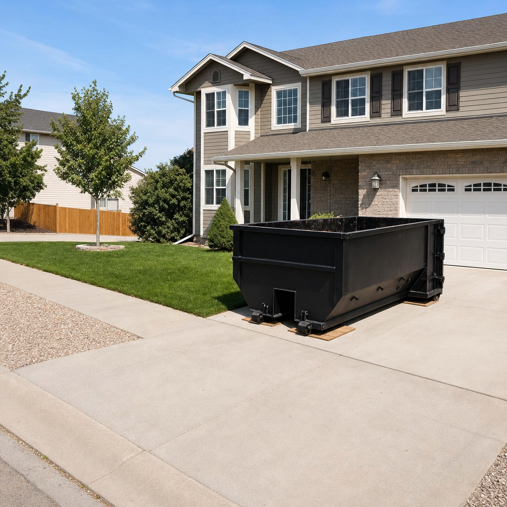 10-yard matte-black residential dumpster placed directly on a narrow Kenosha concrete driveway, room remains for a parked sedan beside it, mid-morning natural light