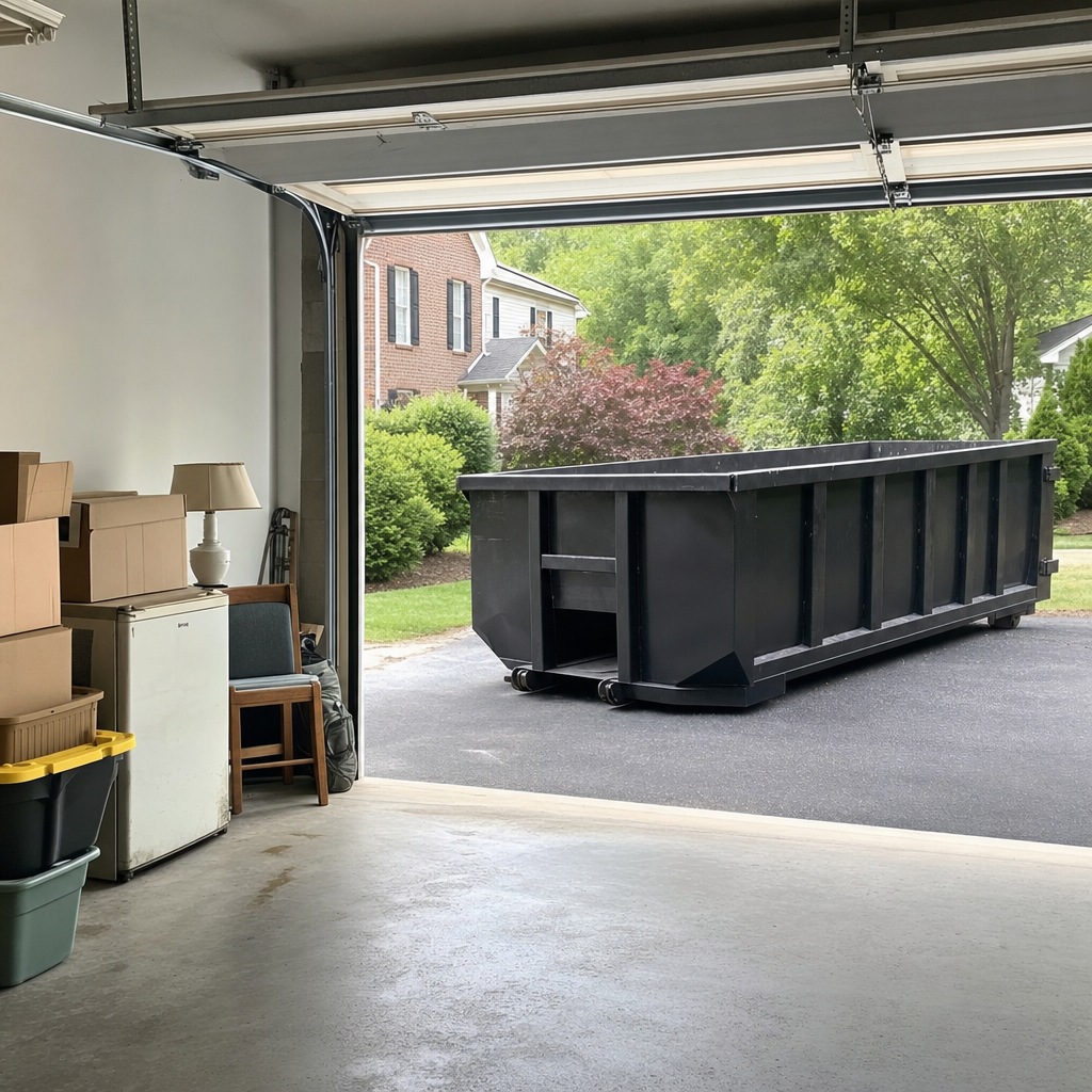 Open garage interior in a Kenosha home mid-cleanout — boxed items, an old appliance, and stacked yard tools queued near the driveway for a matte-black roll-off dumpster, organized and calm