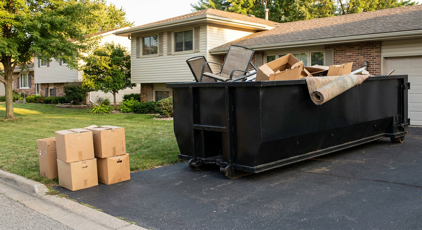 Front-yard view of a Kenosha split-level home with a 20-yard matte-black roll-off dumpster sitting directly on the asphalt driveway, a few clearly labeled donation boxes staged at the curb, calm sunny afternoon.