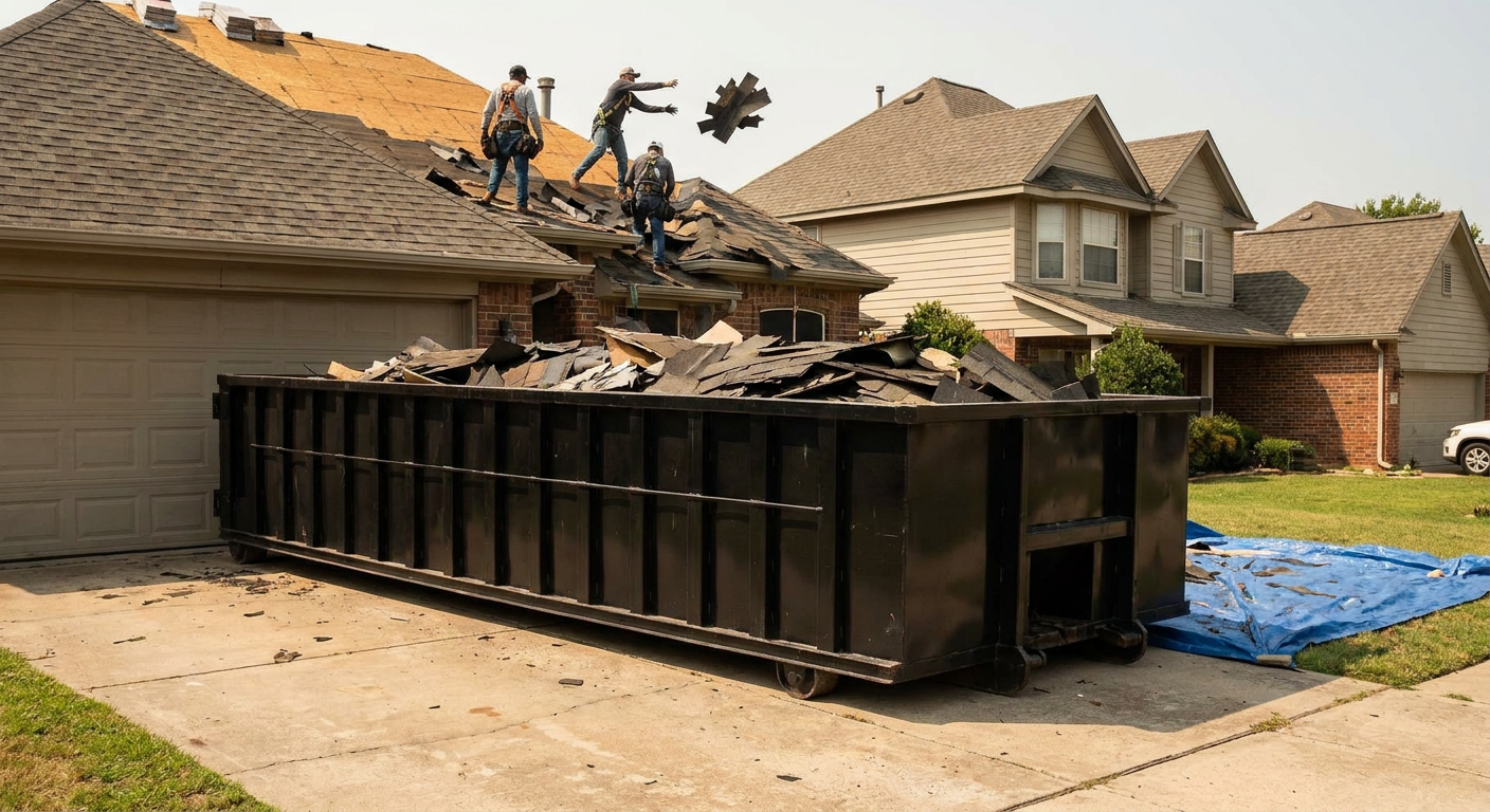 Matte-black roofing roll-off dumpster placed directly on a Kenosha residential concrete driveway, a tear-off crew on a two-story asphalt-shingle roof tossing shingle bundles into the low-walled container, bright daylight, documentary 35mm perspective.