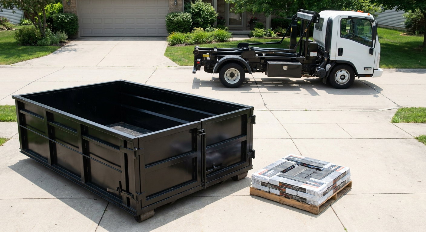 Matte-black 15-yard roofing roll-off dumpster with reinforced low side walls sitting directly on a Kenosha residential concrete driveway, three-tab asphalt shingle bundles stacked nearby, an unmarked white hauler truck partially visible at the edge of the frame.