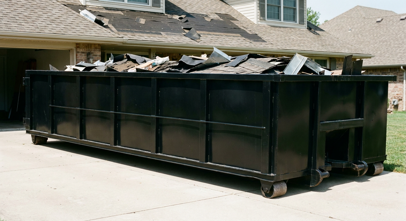Matte-black 20-yard roofing roll-off dumpster with steel ribbed sides and swinging rear door, sitting directly on the concrete driveway of a two-story Kenosha home, asphalt shingle debris being loaded over the low wall, clean documentary lighting.