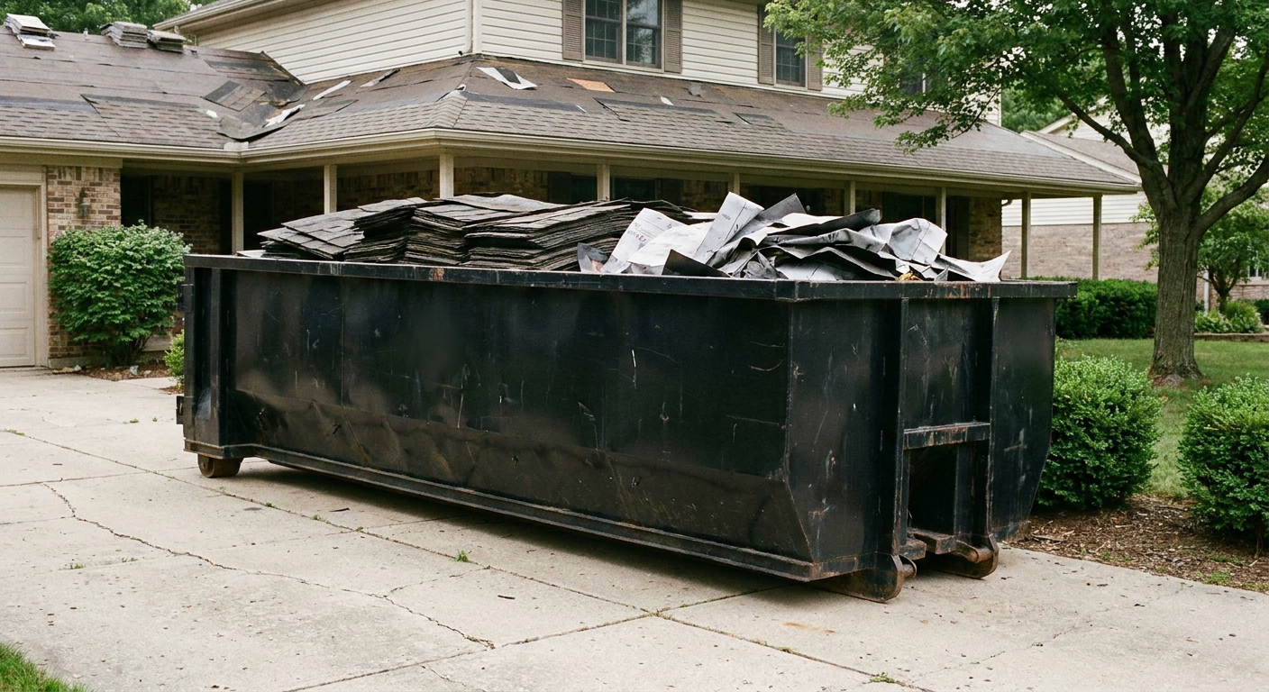Matte-black 30-yard roofing roll-off dumpster sitting directly on a Kenosha concrete driveway, taller ribbed steel side panels, mixed tear-off debris of asphalt shingles and underlayment inside, professional documentary daylight.