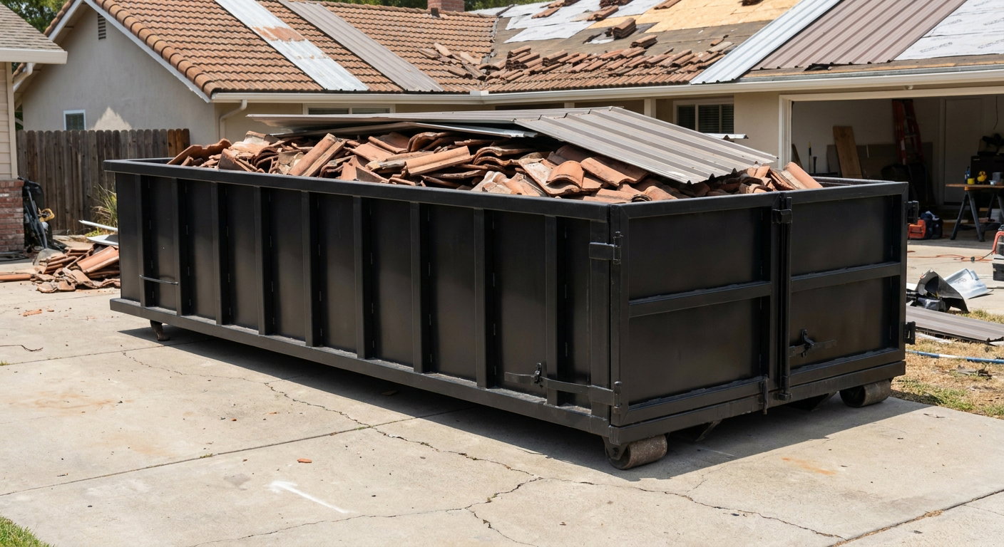 Matte-black low-wall heavy-debris roofing roll-off dumpster sitting directly on a Kenosha concrete driveway, broken concrete clay roof tiles and metal panel sections loaded inside, reinforced ribbed steel side walls visible, bright outdoor daylight.