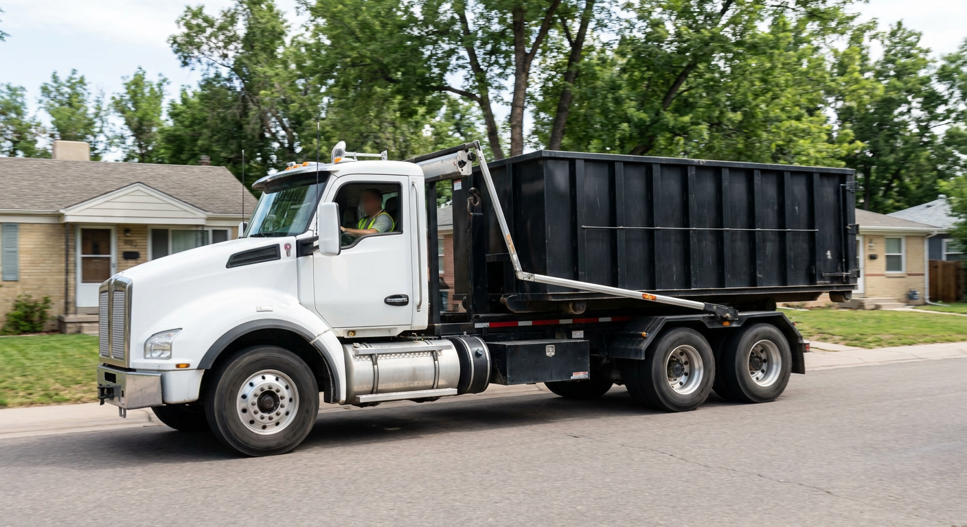 A wide documentary shot of a matte-black roll-off delivery truck pulling onto a quiet Kenosha residential street at mid-morning, with neighborhood rooftops and tree-lined blocks visible behind, showing the metro coverage footprint.
