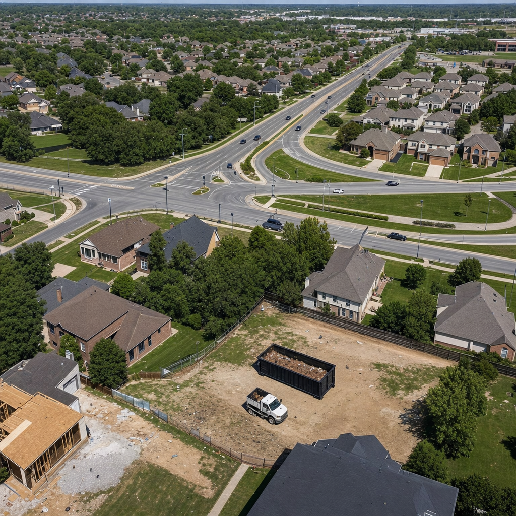 An overhead documentary view of the Kenosha metro area at midday, showing the spread of neighborhoods, arterial roads, and the dispatch radius from a central yard — clean daylight, organized geographic layout.