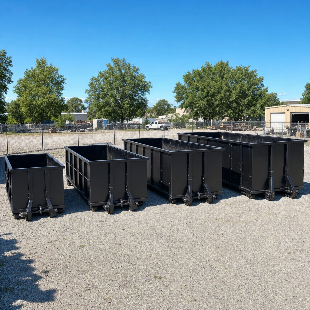 A clean lineup of matte-black roll-off dumpsters in 10, 20, 30, and 40-yard sizes staged on a sunlit gravel yard in Kenosha, showing the size progression from compact to commercial-scale containers.
