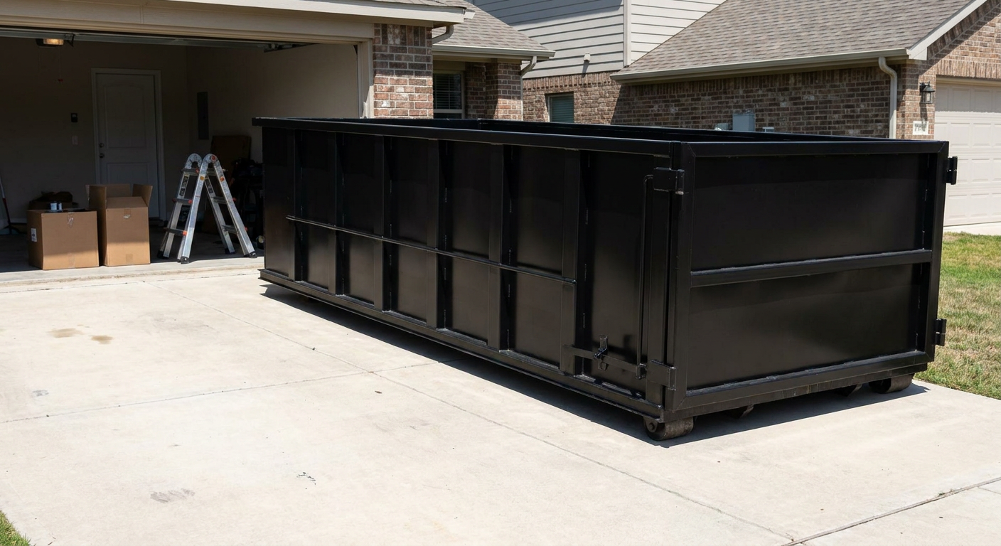 A matte-black 10-yard roll-off dumpster sitting directly on a residential Kenosha concrete driveway, mid-day sunlight, clean and ready for a garage cleanout.