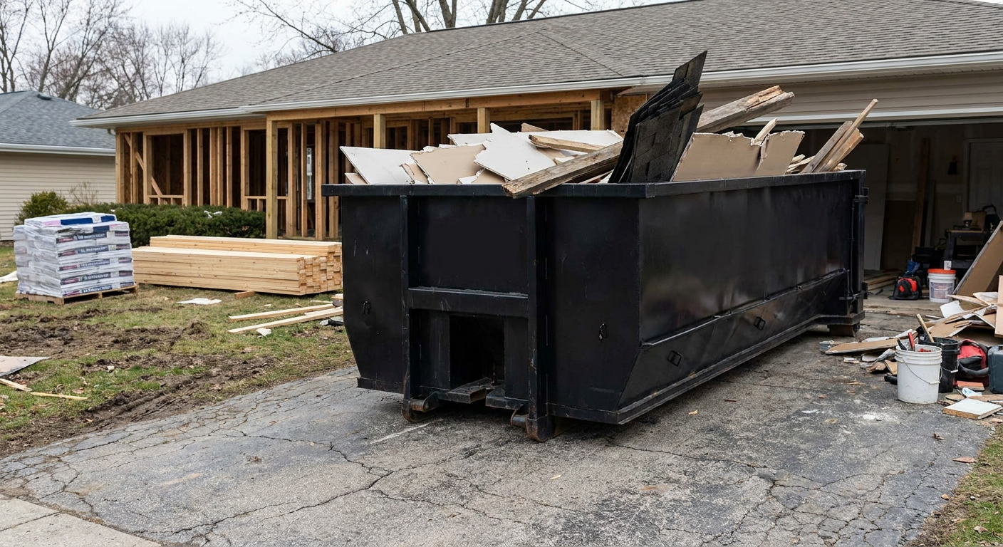 A matte-black 20-yard roll-off dumpster placed alongside a mid-renovation Kenosha home directly on the asphalt driveway, with framing materials and torn-off shingles staged neatly nearby.