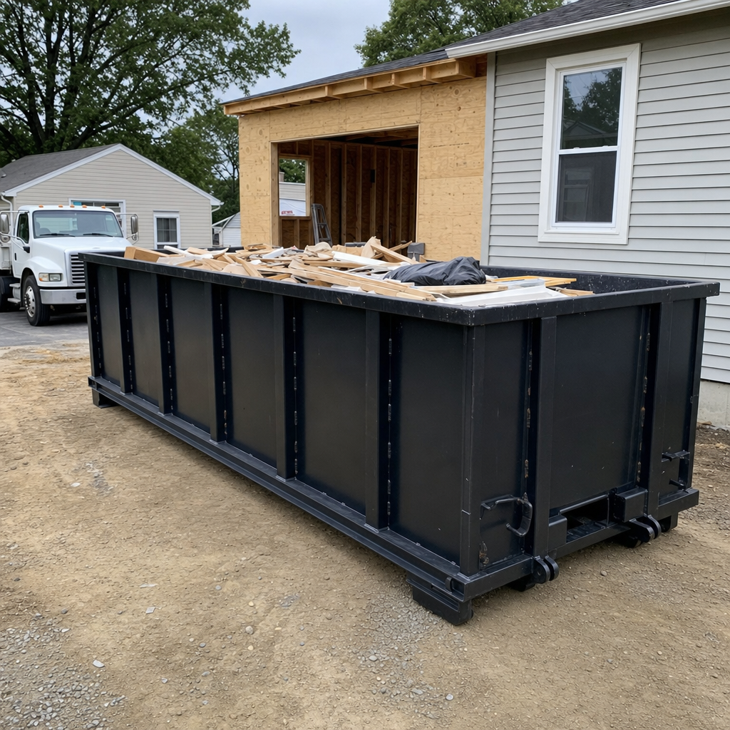 A matte-black 30-yard roll-off dumpster positioned at a Kenosha residential addition jobsite, with framing lumber and drywall scraps loaded through the open swinging rear doors.
