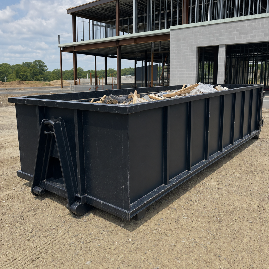 A matte-black 40-yard roll-off dumpster staged on a large Kenosha commercial construction lot, with a hooklift delivery truck parked alongside under bright midday sky.