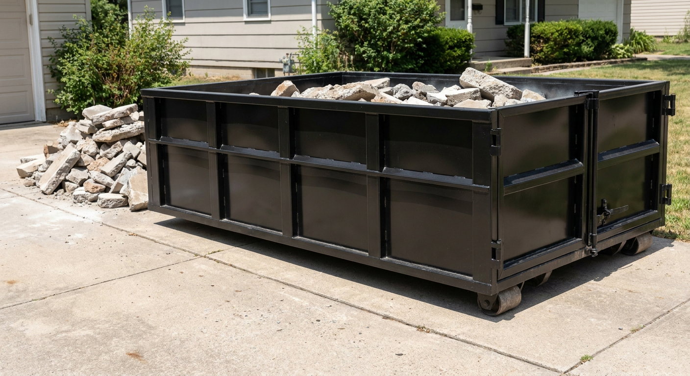 A matte-black low-side heavy-debris roll-off dumpster placed directly on a Kenosha concrete driveway, with broken concrete chunks neatly stacked beside it under clean daylight.